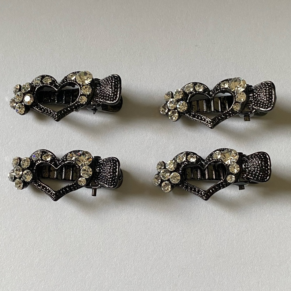 Black Rhinestone Heart Hair Clips (4) - Picture 2 of 5